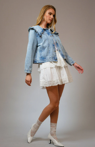 23457J Ruffled Peter Pan Collar Denim Jacket