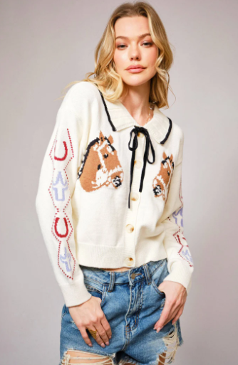 52104W Horse Face Bow Tie Knit Cardigan