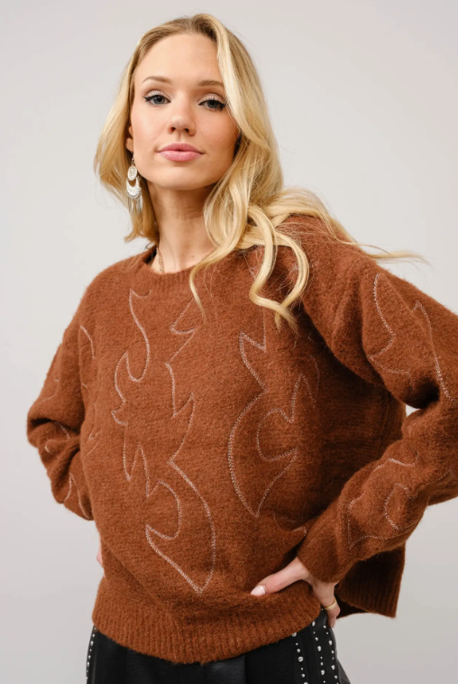 36332W-BROWN  Western Boots Stitch Pattern Crew Neck Sweater
