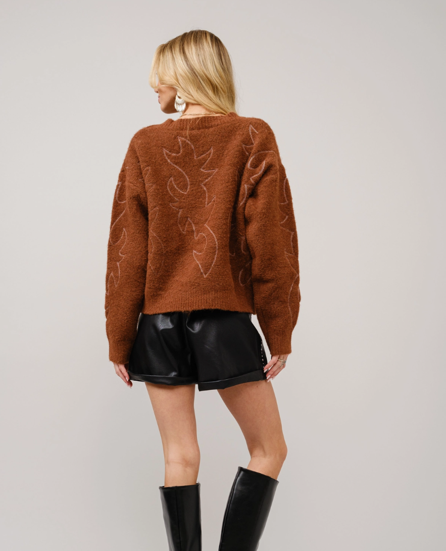 36332W-BROWN  Western Boots Stitch Pattern Crew Neck Sweater