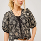 36548T-BLACK  Metallic Embroidered Tie Front Scallop Hem Top Black