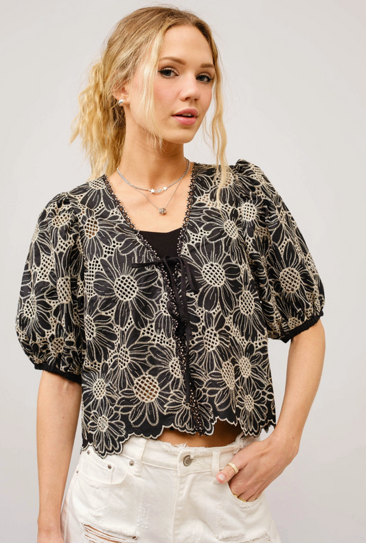 36548T-BLACK  Metallic Embroidered Tie Front Scallop Hem Top Black