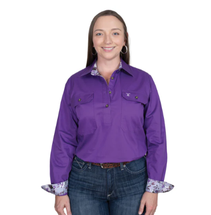 WWLS2556 Just Country Women's Jahna Trim Half Button Workshirt Purple/Lilac Blossoms