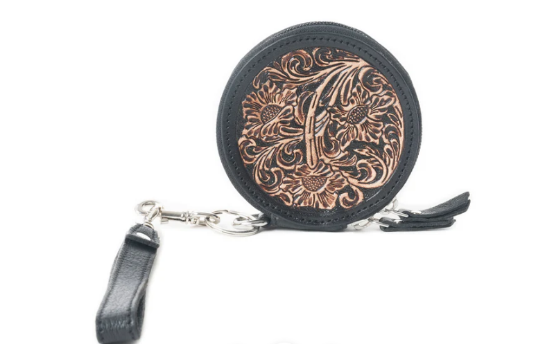 S-12700 Botanic Bliss Handtooled Leather Coin Pouch in Golden Tan