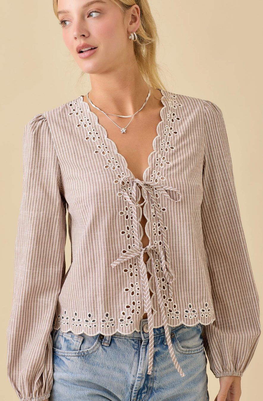 LT34403-SAGE Long Sleeve V Neck Scallop Top with front Tie