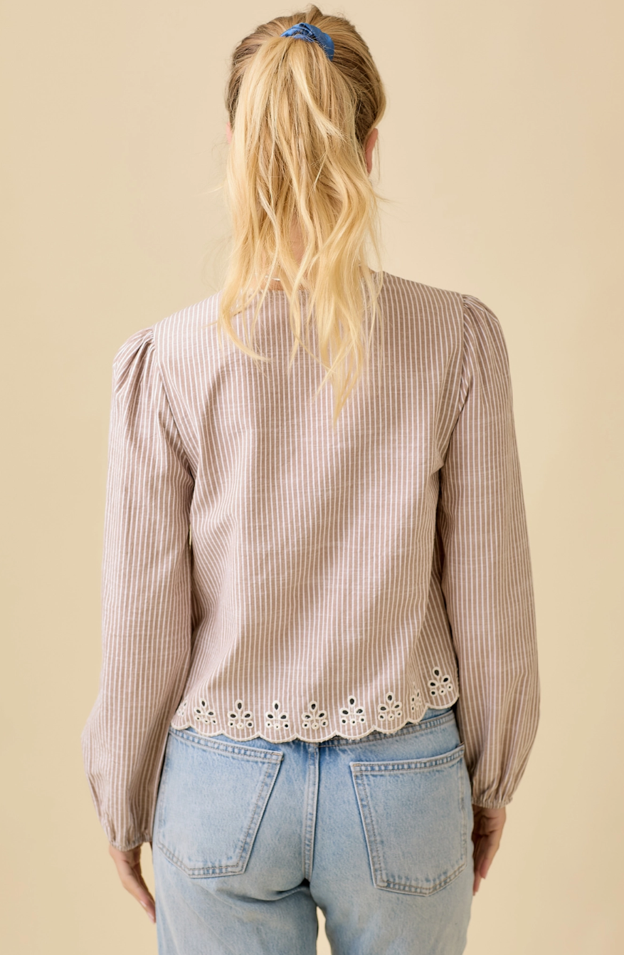 LT34403-SAGE Long Sleeve V Neck Scallop Top with front Tie