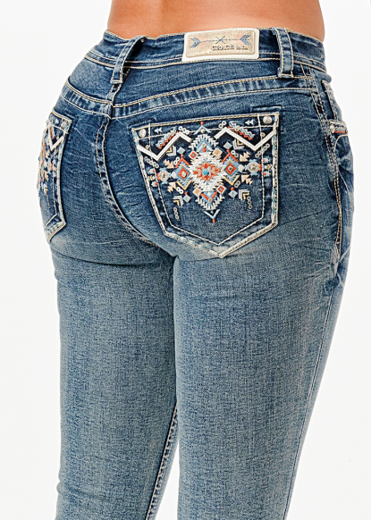 EB51806 LA Grace In La Women's Aztec Embroidered Mid Rise Jean