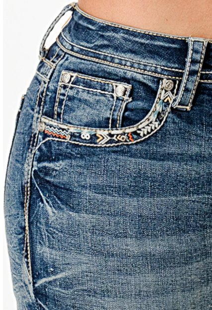EB51806 LA Grace In La Women's Aztec Embroidered Mid Rise Jean