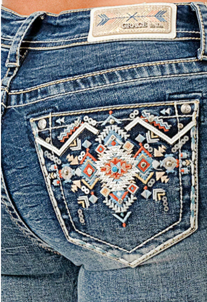 EB51806 LA Grace In La Women's Aztec Embroidered Mid Rise Jean