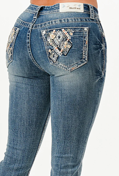 EBS657 LA Grace In La Women's Floral Diamonds Mid Rise Jean