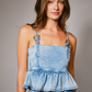 23633T Western Buckle Denim Peplum Top