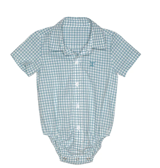 IWSS2537 Just Country Infant Frankie Short Sleeve Full Button Jumpsuit Dusty Turquoise Small Check