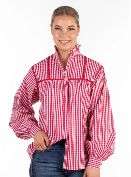 WL365-5 Hitchley and Harrow Wisterina Lane Shirt Cerise Gingham