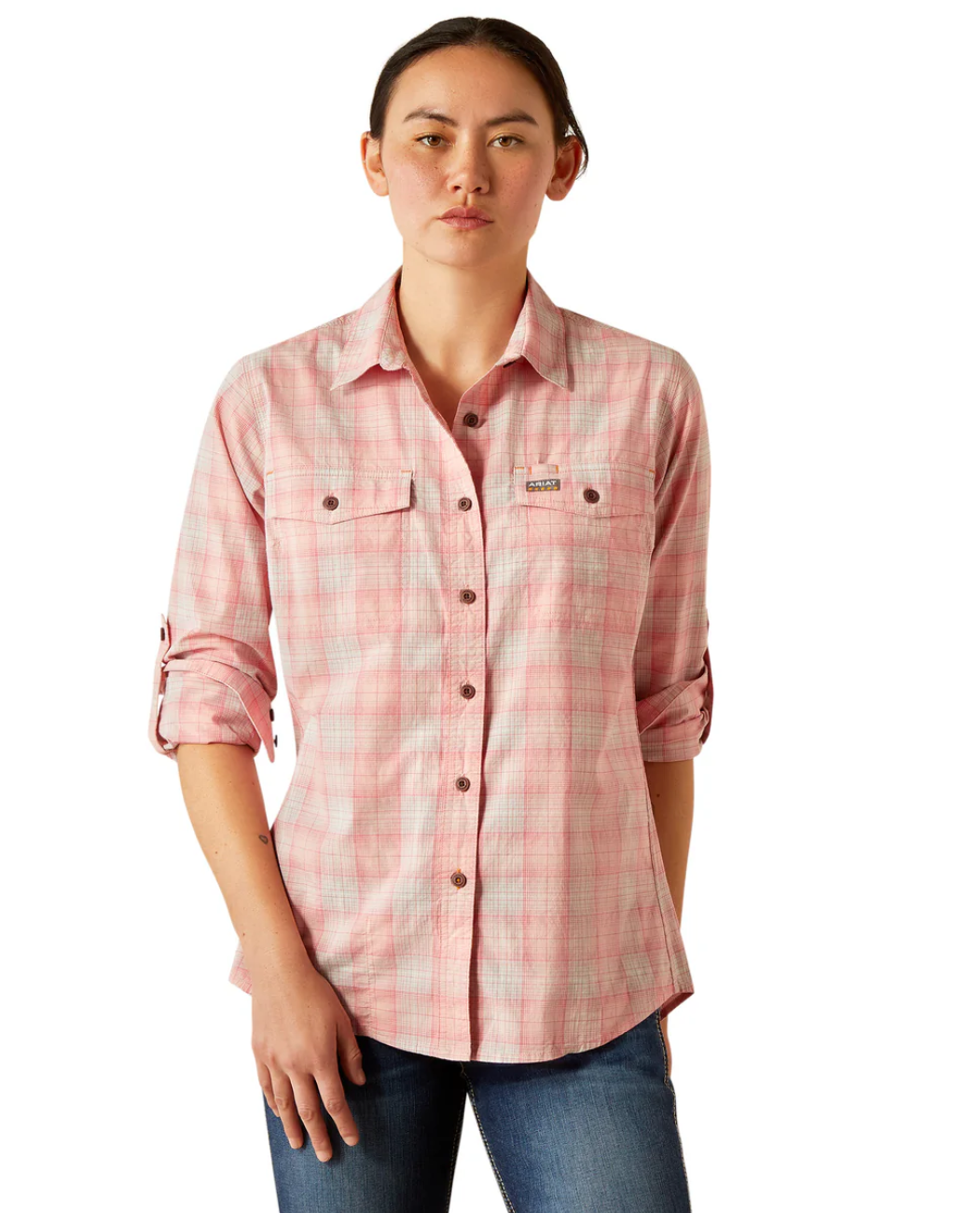 10055076 Ariat Women's Rebar Made Tough Durastretch work shirt LS Powder Pink