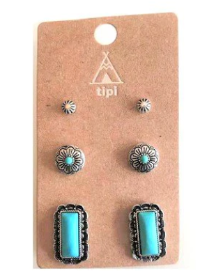 SE1249SBTQ USA Western 3 Pair Turquoise Earring Set