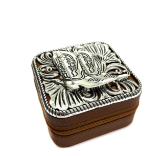 SJ0115BRN USA Western Cowboy Boot Etched Metal Plate Jewelry Box
