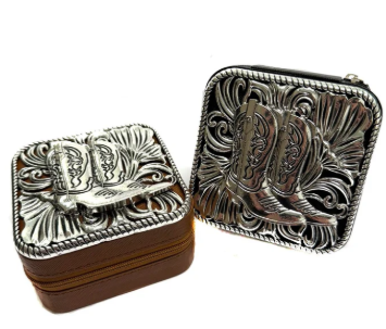 SJ0115BRN USA Western Cowboy Boot Etched Metal Plate Jewelry Box