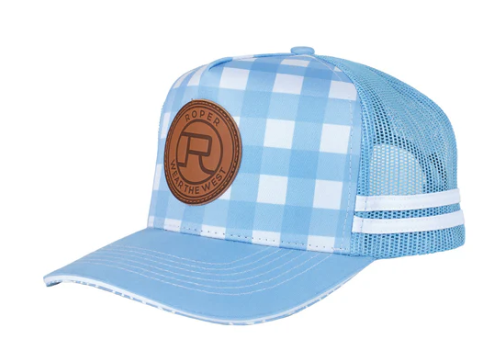 RC2509 Roper Trucker Cap Mini Plaid Cornflower Blue/White