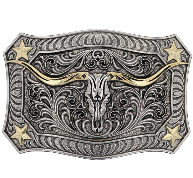 A935 Montana Silversmiths Longhorn Crest Filigree Attitude Belt Buckle