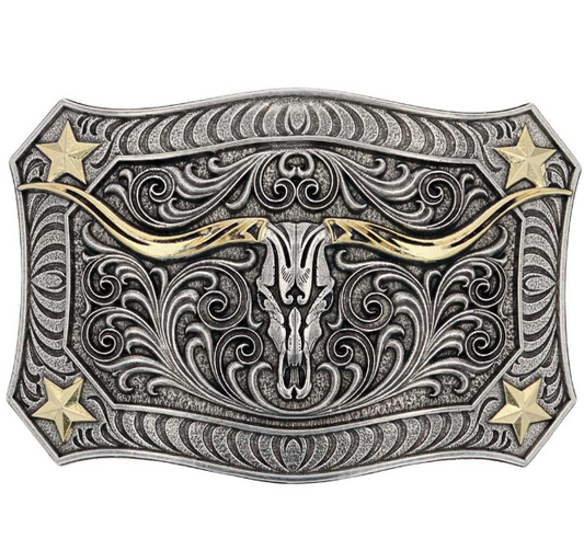 A935 Montana Silversmiths Longhorn Crest Filigree Attitude Belt Buckle
