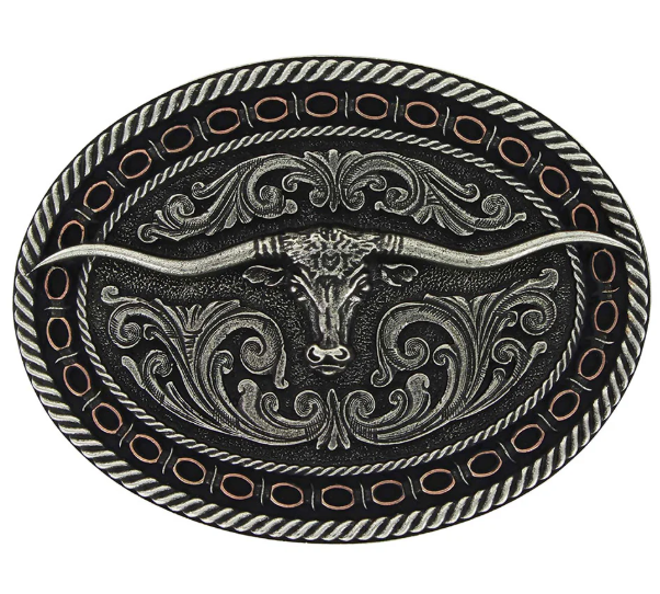 A742 Montana Silversmiths Two Tone Antiqued Round Barbed Longhorn Attitude Buckle