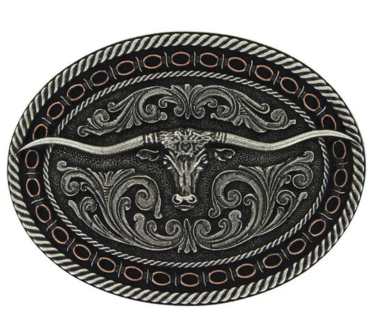 A742 Montana Silversmiths Two Tone Antiqued Round Barbed Longhorn Attitude Buckle