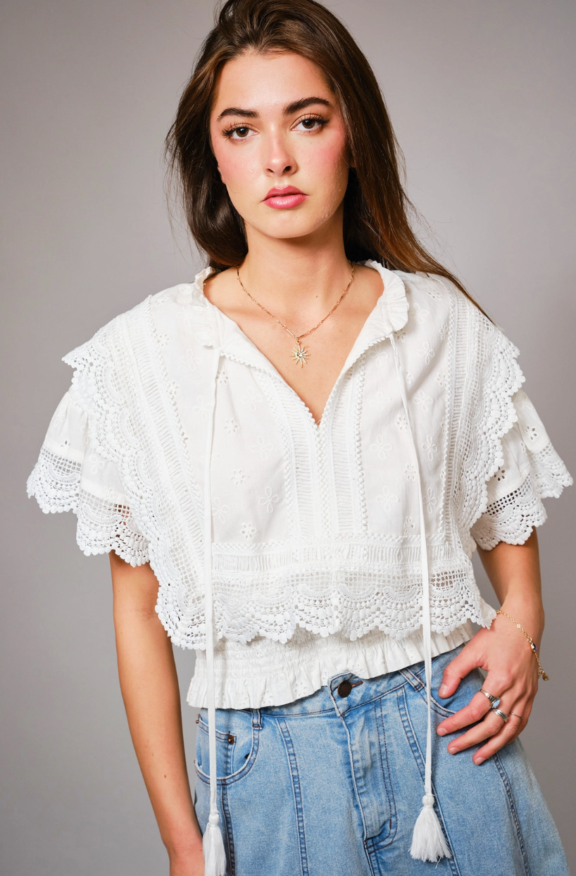 36900T Embroidered tassel tie front top