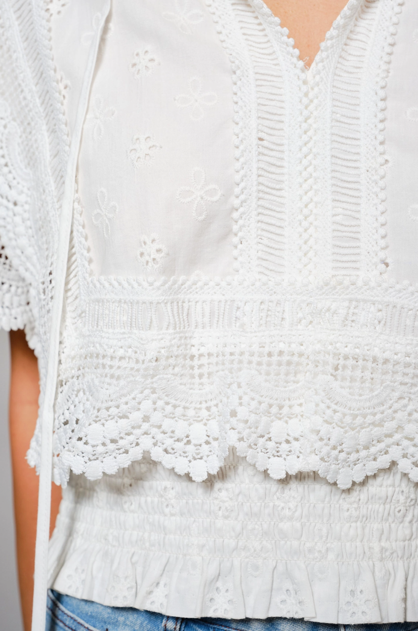 36900T Embroidered tassel tie front top