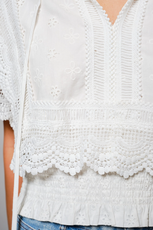 36900T Embroidered tassel tie front top