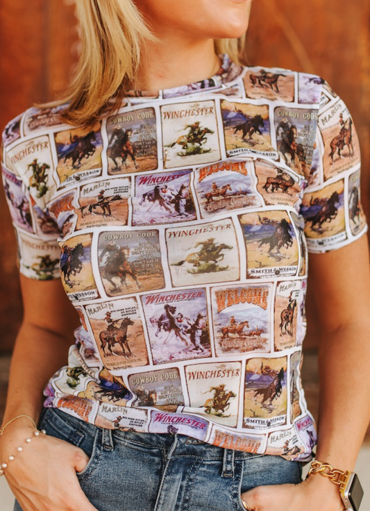 S-TO655 Collage print mesh top