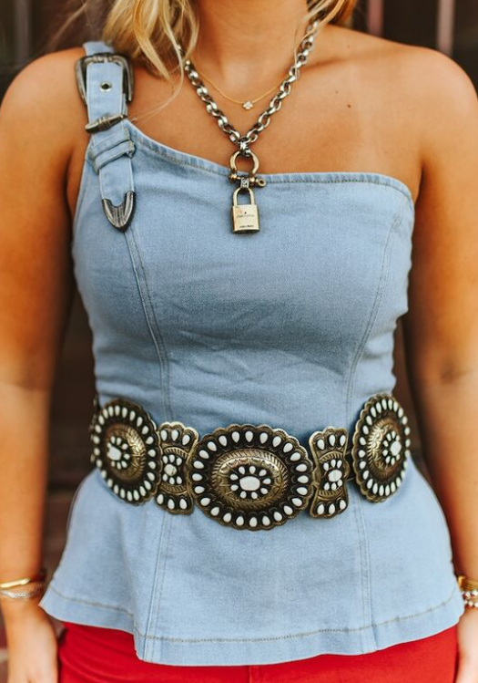 TO1171-LW Light wash buckle one shoulder denim top