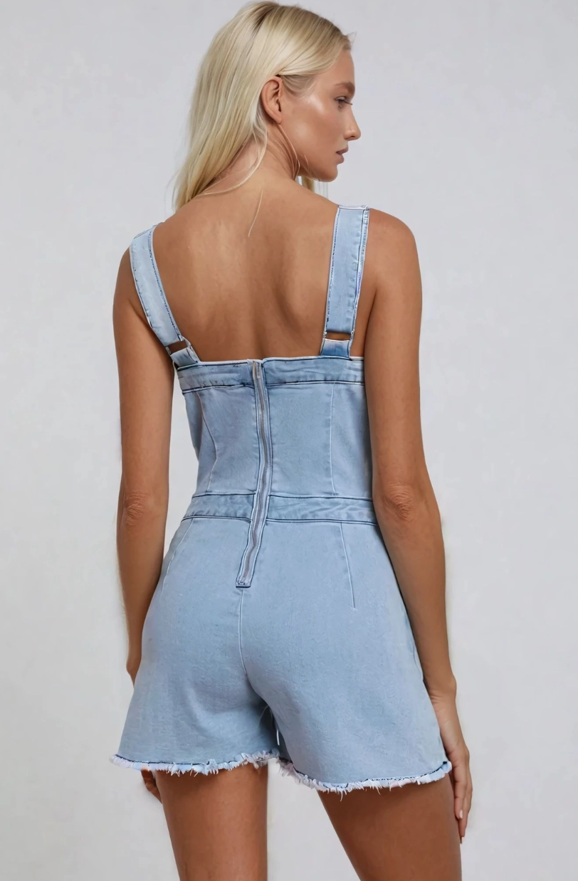 W4442 Denim romper with button down detail