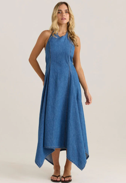 20247DWSS Fernanda Halter Denim Dress - Classic Blue Wash