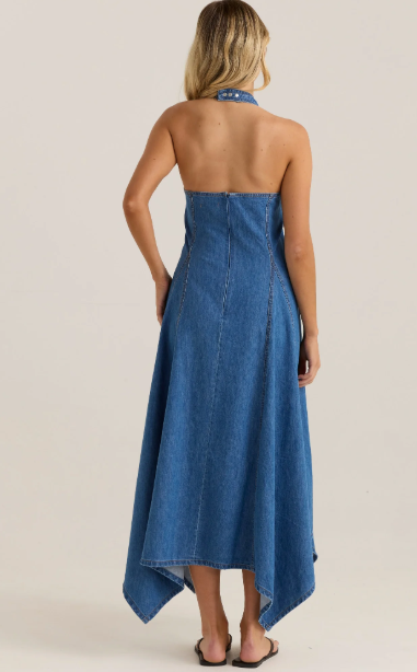 20247DWSS Fernanda Halter Denim Dress - Classic Blue Wash