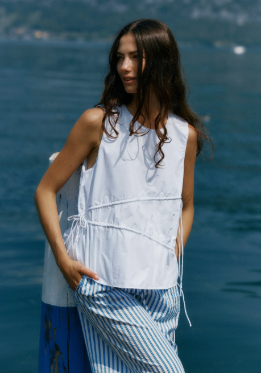 20251TWSS Elin Gathered Tie Top - White