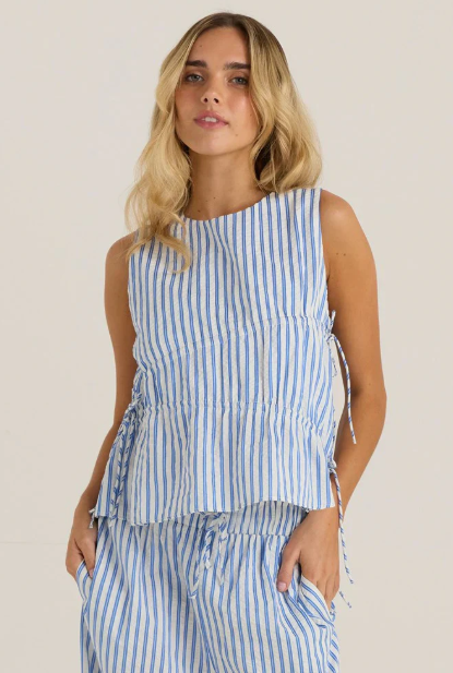 20297TWSS Aziza Gathered Tie Top - Blue & White