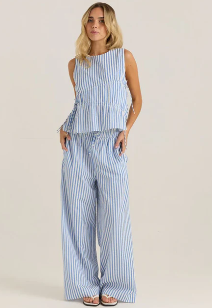 20297TWSS Aziza Gathered Tie Top - Blue & White