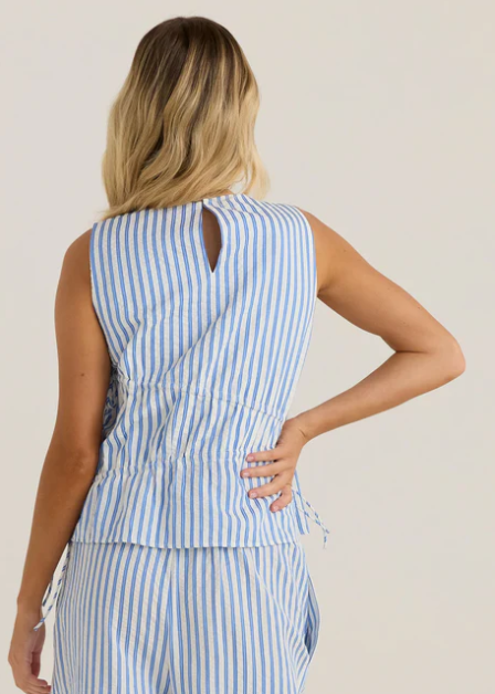 20297TWSS Aziza Gathered Tie Top - Blue & White