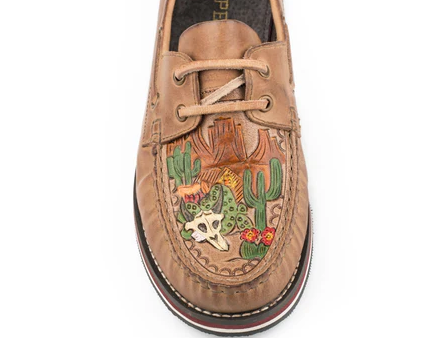 09-021-0943-3138  Roper Womens Bertha Tan Leather Tooled Cactus Slip-On Shoes