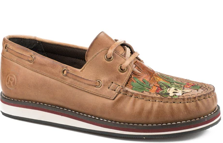 09-021-0943-3138  Roper Womens Bertha Tan Leather Tooled Cactus Slip-On Shoes