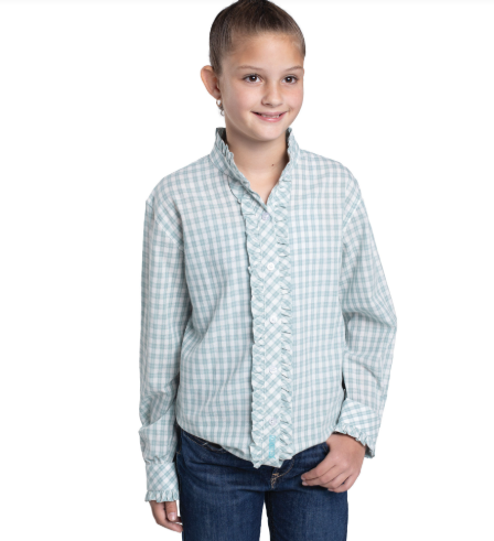 GWLS2615 Just Country Girl's Gracie Full Button Frill's Workshirt Bay Green & White Check