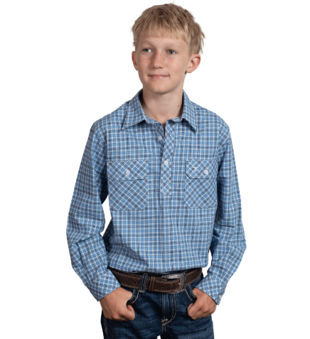 BWLS2601 Just Country Boy's Brayden Half Button Workshirt Marine Blue/Navy & White Plaid