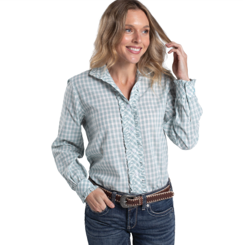 WWLS2615 Just Country Women's Abbey Frill's Full Button Workshirt Bay & White Check