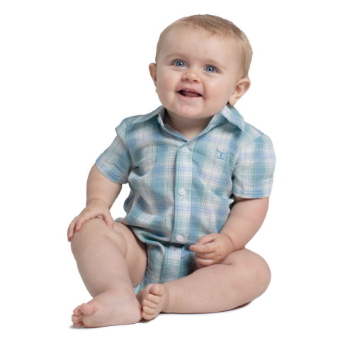 IWSS2605 Just Country Infant Frankie Short Sleeve Full Button Riviera Blue & Sea Green Plaid