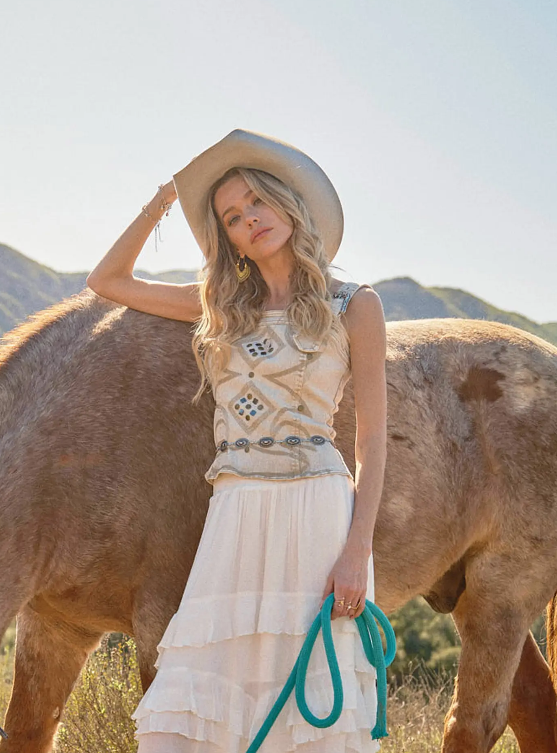 EC35466 Western Buckle Strap embroidered Denim top  Sand