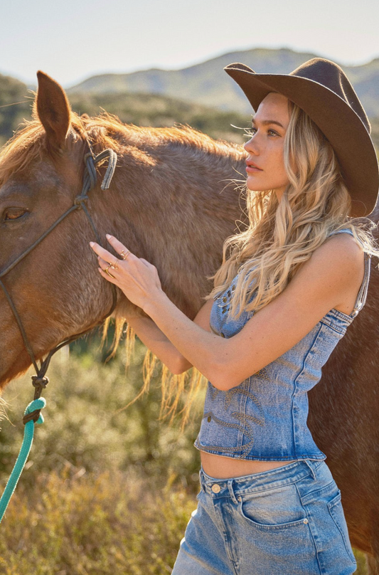 EC35465 Western Buckle Strap embroidered Denim top  Med Wash