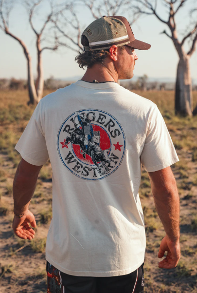 124069RW-OWH Ringers Western Men's Bucking Bull Tee Off White