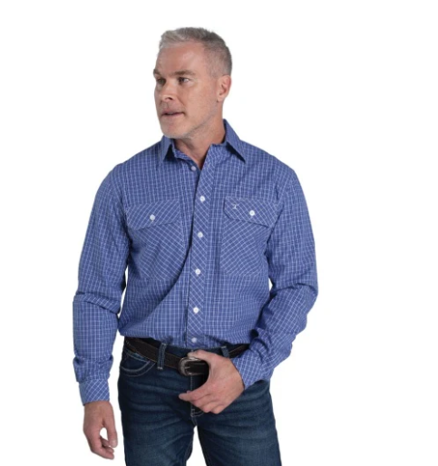 MWLS2626 Just Country Men's Austin Full Button Mini Check Workshirt Blue & White Mini Check
