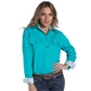 Just Country Women's Jahna Trim Half Button Workshirt Turquoise/White Confetti