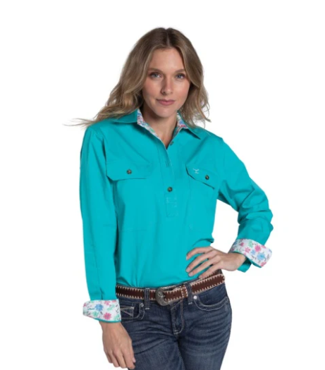 Just Country Women's Jahna Trim Half Button Workshirt Turquoise/White Confetti